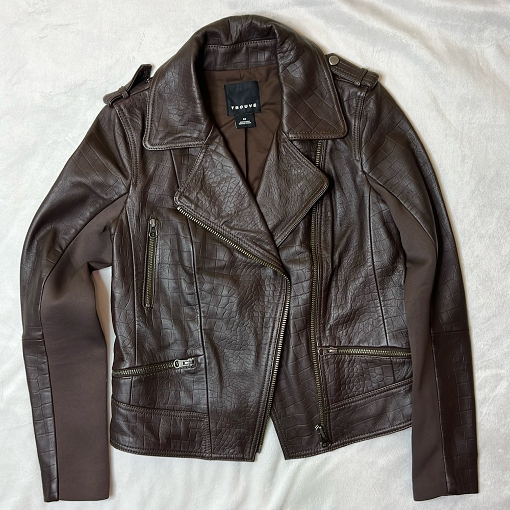 Trouvé Embossed Leather Moto Jacket Brown XS